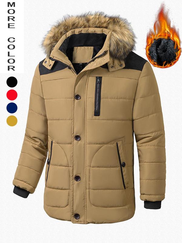 Men's Contrast Faux Fur Trim Hooded Coat, Regular Fit Casual Long Sleeve Button Front Outerwear for Winter, Men's Clothes for Daily Wear