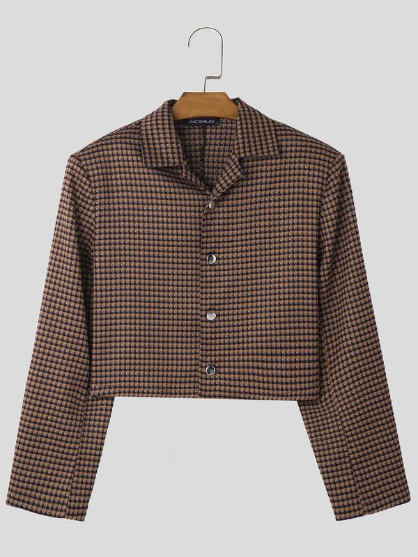 Men's Gingham Print Button Front Jacket, Regular Fit Casual Long Sleeve Collared Outerwear for Spring & Fall, Fashion Men's Clothes for Daily Wear