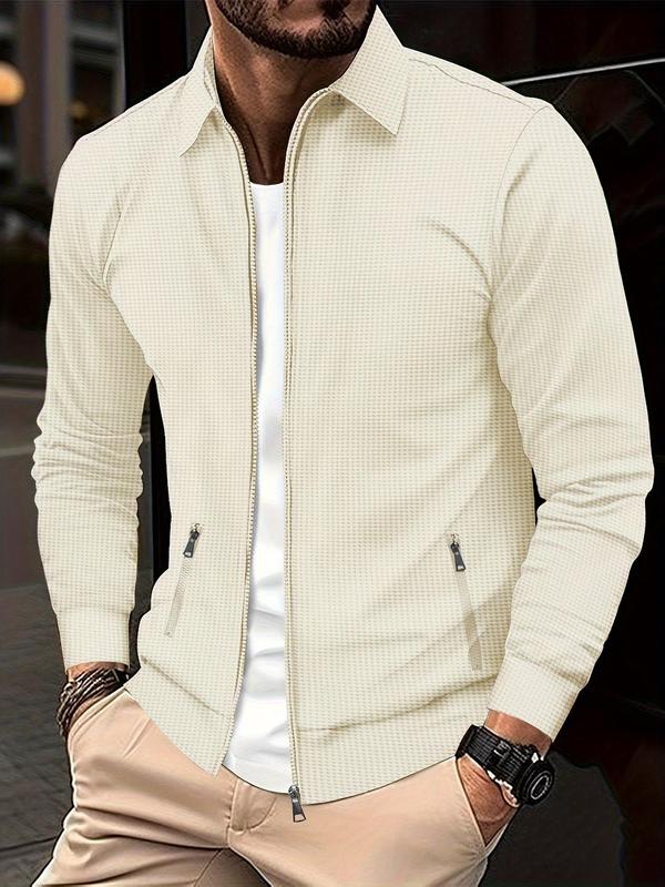 Men's Solid Waffle Knit Zip Up Jacket, Regular Fit Casual Long Sleeve Zipper Pocket Collared Outerwear for Fall & Winter, Men's Clothes for Daily Wear