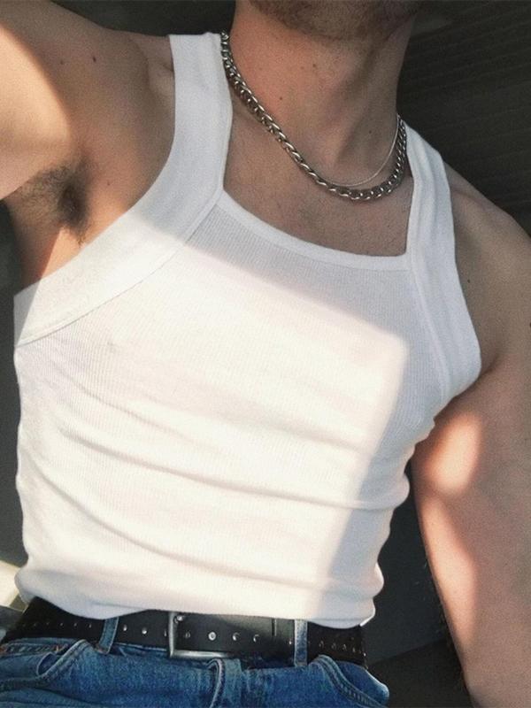 Men's Solid Square Neck Tank Top, Slim Casual Sleeveless Top for Summer, Men's Clothing for Daily Wear