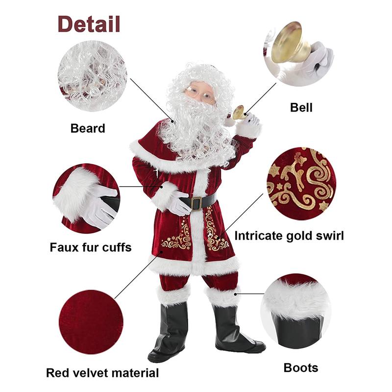 Santa Claus Costume Sets, Hat+Shawl+Top Shirt +Loose Pants+Shoes+Gloves+Waist Belt, Deluxe Velvet Adult Kids Santa Suit