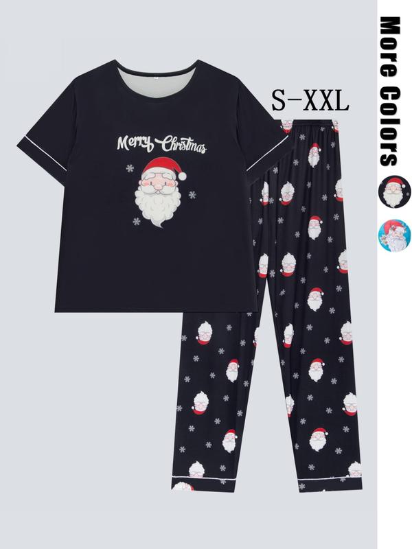 Two-Piece Set Men's Christmas Themed Print Short Sleeve Tee & Elastic Waist Pants Pyjama, Casual Comfy Round Neck T-shirt & Trousers PJ Set, Men's Sleepwear for All Seasons