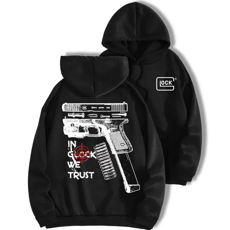 In Glock We Trust Standard size Black Hoodie with Multicolor Design for Men and Women - Classic Fit - Menswear