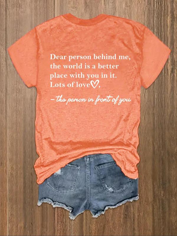 Letter & Heart Print Round Neck Back To School Tee, Summer Slogan Graphic Crew Neck T-shirt for Holiday, Summer Outfits 2024, Tees Shirts Clothing, Going Out Tops for Summer