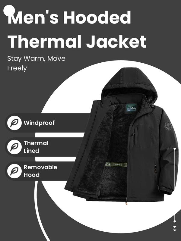 Men's Letter Embroidery Zip Pocket Thermal Lined Removable Hooded Jacket, Winter Jackets, Casual Long Sleeve Windproof Waterproof Outerwear for Fall & Winter, Men's Clothes for Outdoor Activities