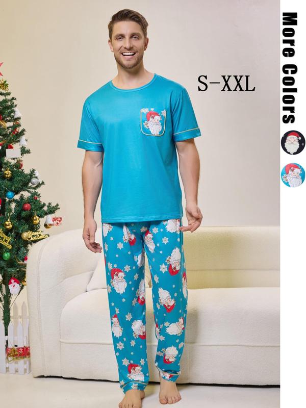 Two-Piece Set Men's Christmas Themed Print Short Sleeve Tee & Elastic Waist Pants Pyjama, Casual Comfy Round Neck T-shirt & Trousers PJ Set, Men's Sleepwear for All Seasons