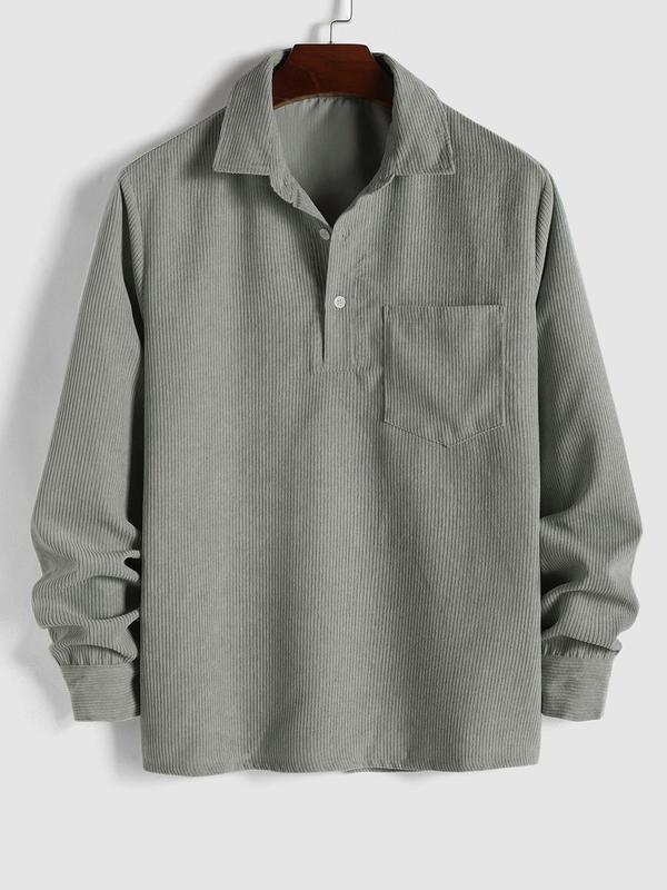 Men's Plain Pocket Button Half Placket Corduroy Shirt for Spring, Shirts for Men, Regular Fit Streetwear Long Sleeve Collared Top for Fall Winter, Fall Clothes, Men Clothes, Fall Outfits, Fallfreshness Longsleeves