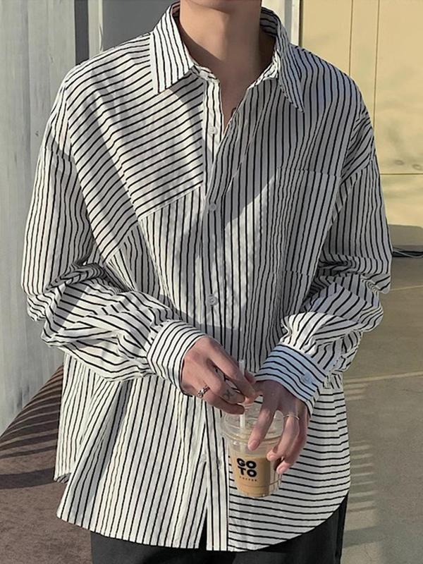 Men's Striped Print Button Front Plicated Shirt, Loose Casual Comfy Drop Shoulder Long Sleeve Collared Top for Daily Wear, Men's Clothes for All Seasons