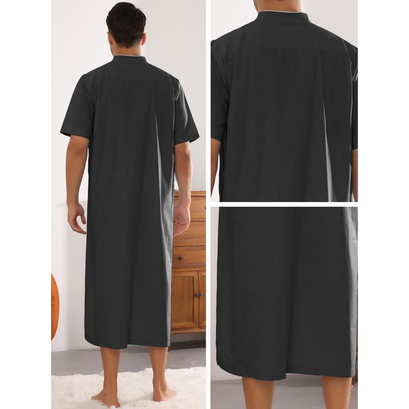 Lars Amadeus Nightgown for Men's Loose Fit Short Sleeves Stand Collar Zipper Long Nightshirts Black