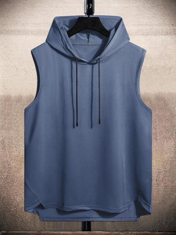 Men's Plain Drawstring High Low Hem Hooded Tank Top, Summer Tank Tops Outfits 2024, Sleeveless Hoodie, Streetwear Regular Fit Casual Sleeveless Vest, Going Out Top