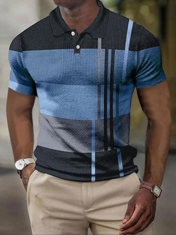 Men's Colorblock Textured Button Front Polo Shirt, Regular Fit Casual Short Sleeve Polo Collar Top, Men's Clothes for Daily Wear, Summer Outfits 2024