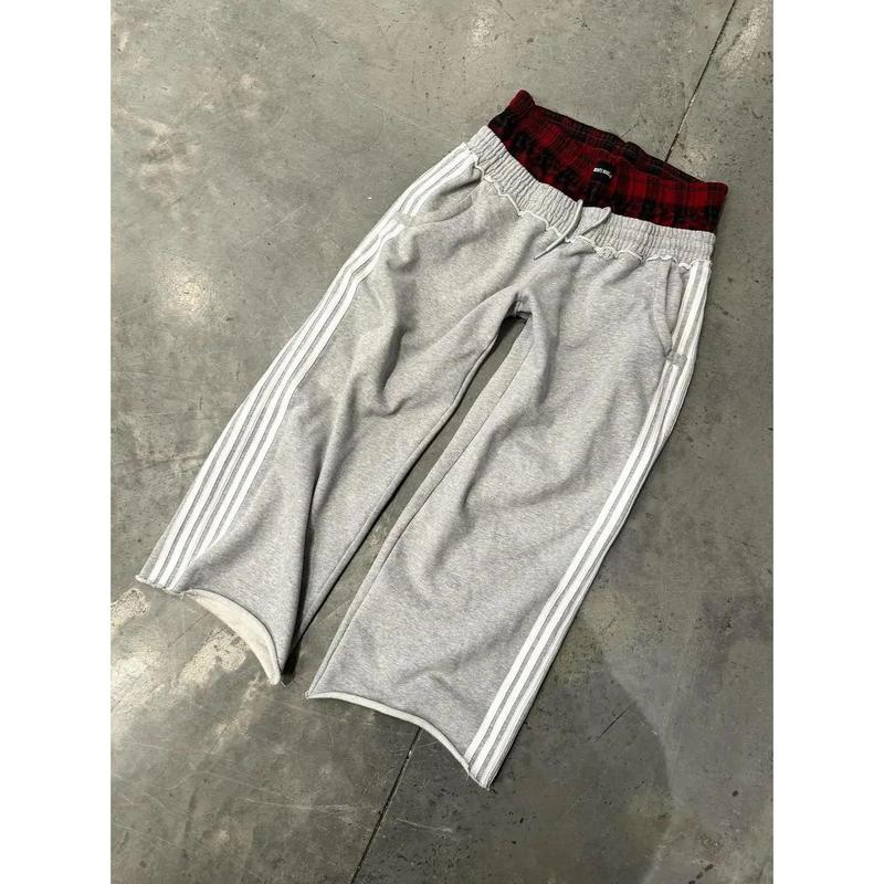 New Product Carnival]Casual Sweatpants Side Three Bars Splicing Plaid Comfortable Loose Wide Leg Straight Sweatpants Street Tide Menswear Man Trouser Tractor Striped Stripe