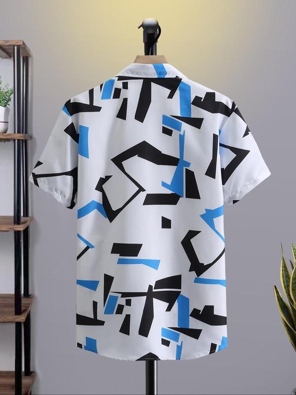 Men's Regular Fit All Over Print Button Front Shirt without Tee & Necklace, Casual Comfy Short Sleeve Collar Top for Summer, Men's Top for Daily Wear