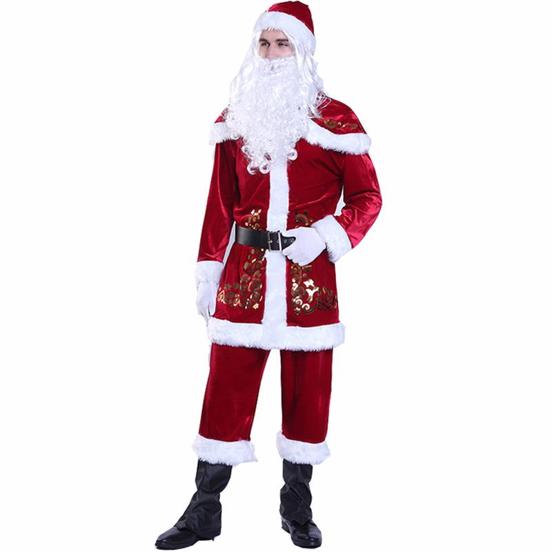 Santa Claus Costume Sets, Hat+Shawl+Top Shirt +Loose Pants+Shoes+Gloves+Waist Belt, Deluxe Velvet Adult Kids Santa Suit