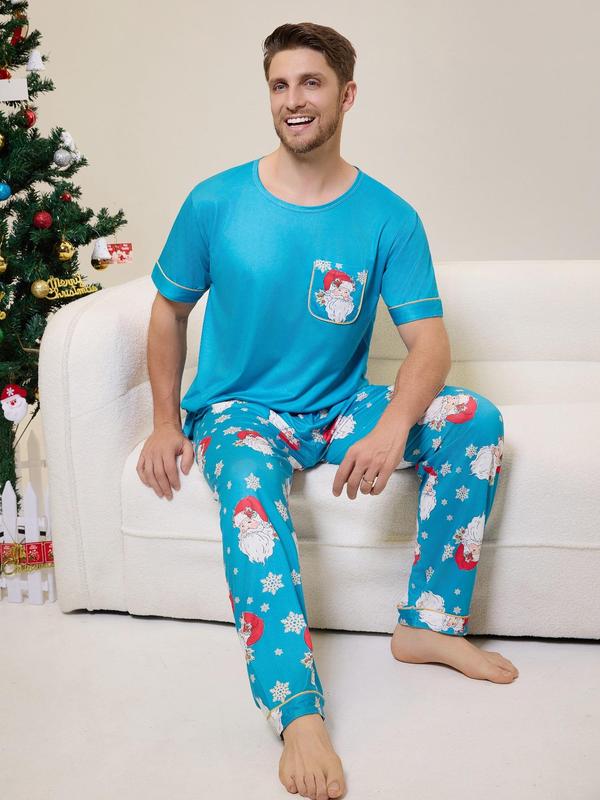 Two-Piece Set Men's Christmas Themed Print Short Sleeve Tee & Elastic Waist Pants Pyjama, Casual Comfy Round Neck T-shirt & Trousers PJ Set, Men's Sleepwear for All Seasons