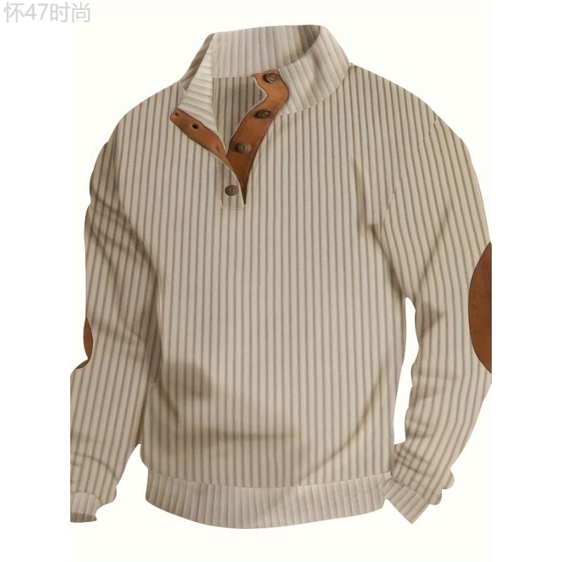 Casual Men's Ribbed Stand Collar Knit Sweater - 100% Polyester Long Sleeve Pullover with Button Detail Solid Color Comfort Fit Fall Winter Sweater Fabric Knitwear Menswear Stretch Tops Knife Longsleeves Beige Plain Stripe