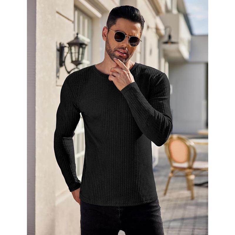 Men's Long Sleeve Shirts Ribbed Pullover Sweater Sim Fit Thermal Tops Crew Neck Stretchy Undershirts S-XXL