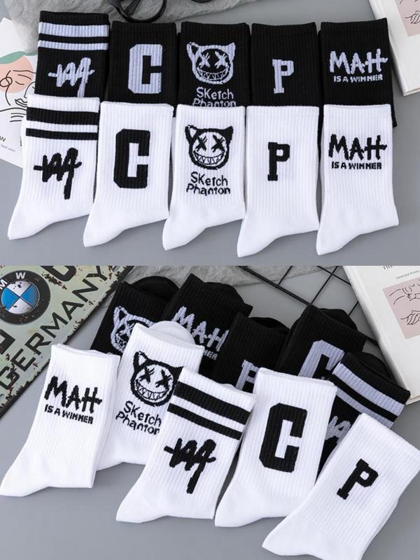 Men's 10 Pairs Cartoon & Letter Print Crew Socks, Casual Moisture Wicking Mid-calf Socks, Soft Comfy Breathable Socks for All Seasons Daily Wear