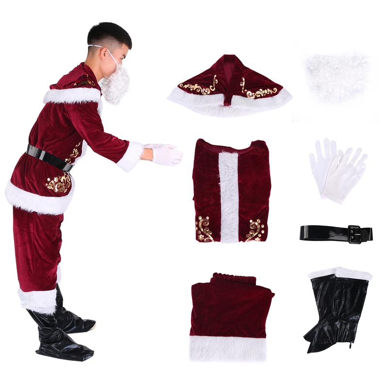 Santa Claus Costume Sets, Hat+Shawl+Top Shirt +Loose Pants+Shoes+Gloves+Waist Belt, Deluxe Velvet Adult Kids Santa Suit