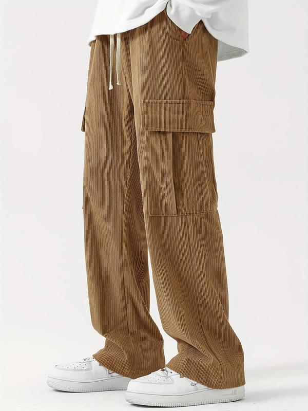 Men's Plain Pocket Drawstring Waist Corduroy Cargo Pants, Casual Baggy Wide Leg Trousers, Summer Pants, Men's Bottoms for Daily Wear