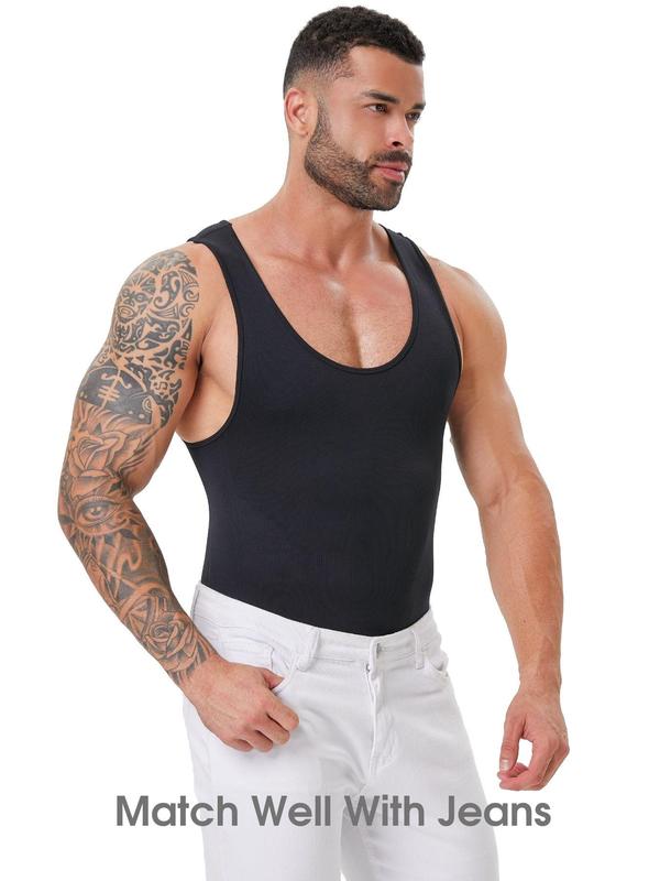 Men's Solid Open Crotch Design Scoop Neck Shapewear Tank Romper, Casual High Stretch Tummy Control Sleeveless Shaper, Tummy Tuck Shaper, Men's Shapewear for All Seasons