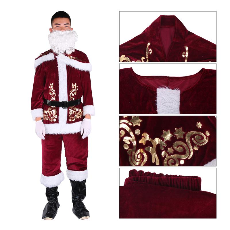 Santa Claus Costume Sets, Hat+Shawl+Top Shirt +Loose Pants+Shoes+Gloves+Waist Belt, Deluxe Velvet Adult Kids Santa Suit