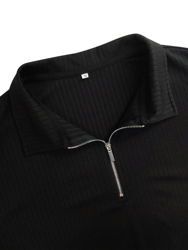 Men's Solid Half Zip Up Ribbed  Polo Shirt, Regular Fit Casual Long Sleeve Top for All Seasons, Fashion Men's Clothes for Daily Wear
