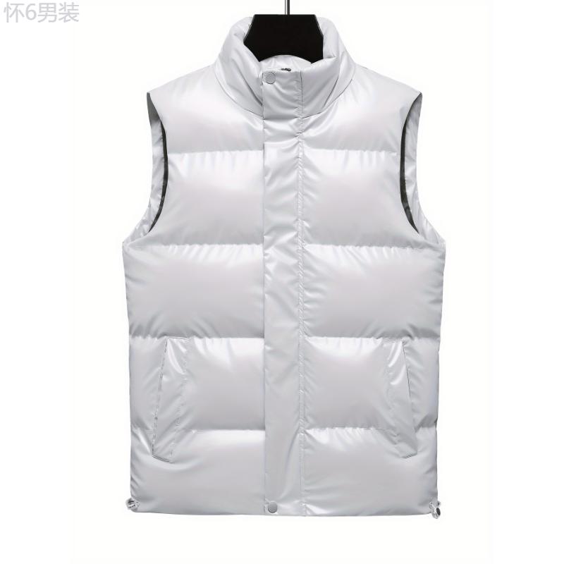 Men's Casual Padded Vest Polyester Crew Neck Sleeveless Shiny Outerwear with Zipper Detail for Fall Winter - Solid Color Non-Stretch Woven Fabric Menswear Collar Menswear Collar Tops Beige Plain Tropical Plain Tropical