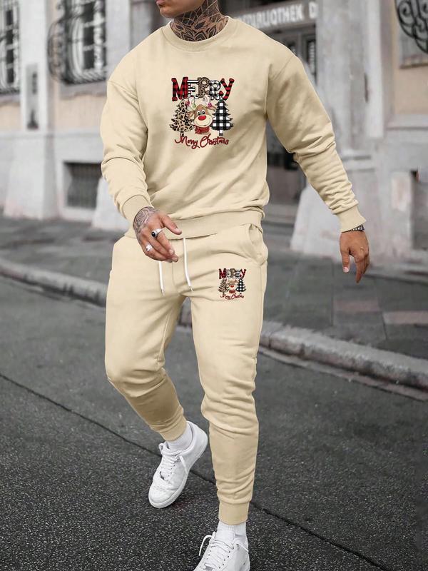 Men's Christmas Deer Print Sweatshirt & Drawstring Waist Sweatpants Set, Regular Fit Casual Long Sleeve Pullover & Pocket Jogger Pants, Men's Spring & Fall Clothes