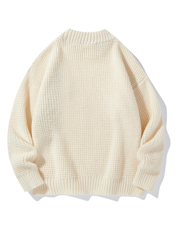 Men's Regular Fit Solid Color Retro Waffle Knit Round Neck Sweater Pullover, Casual Drop Shoulder Long Sleeve Jumper for Fall & Winter, Men's Knitwear for Daily Wear