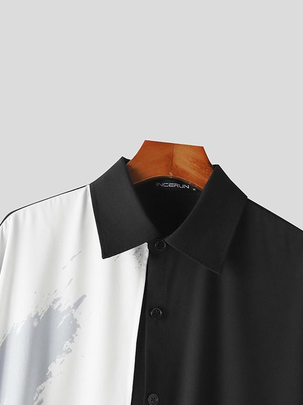 Men's Colorblock Patchwork Button Front Asymmetrical Draped Shirt, Loose Casual Fashion Long Sleeve Collared Top for Spring & Fall, Men's Clothes for Daily Wear