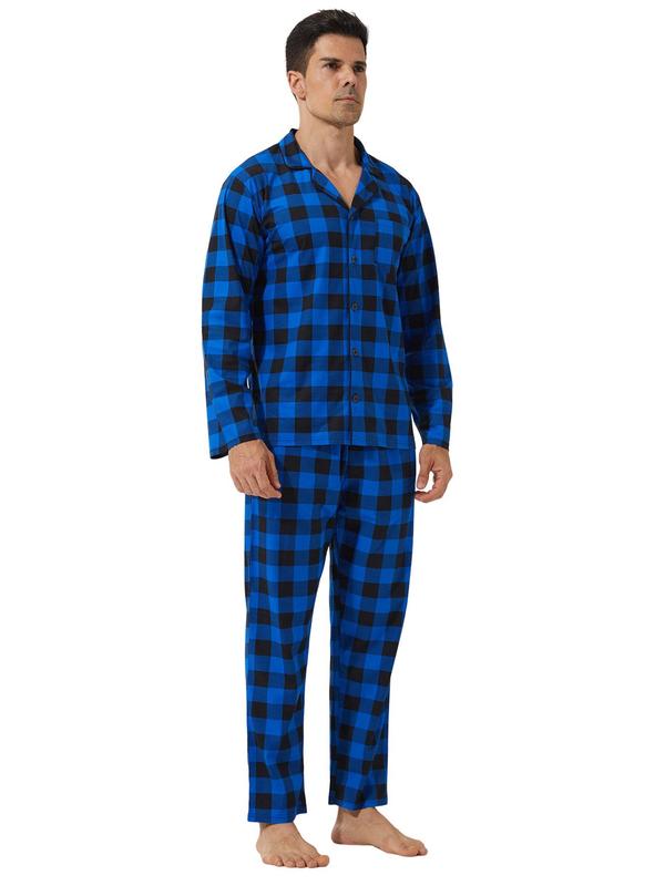 Men's Plaid Print Button Front Pocket Lapel Shirt & Elastic Waist Pants Loungewear Two-piece Set, Regular Fit Casual Comfy Long Sleeve Top & Trousers Pj Set, Men's Sleepwear for Spring & Fall