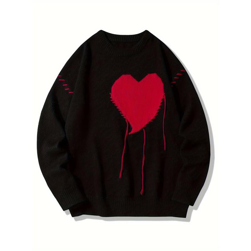 Men's Contrast Color Heart Pattern Knitted round Neck Long Sleeve Sweater, Stylish and Chic, Suitable for Men's Spring and Autumn Casual Wear