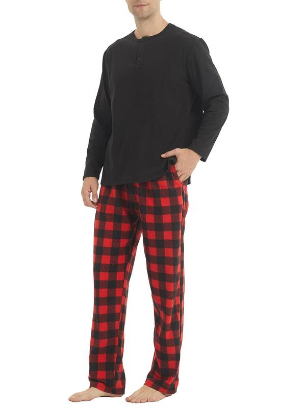 Men's Christmas Long Sleeve Henley Shirt & Plaid Print Pocket Pants Loungewear Set, Casual Comfy Regular Fit Round Neck Top & Drawstring Trousers Pj Set for Spring & Fall, Women's Polar Fleece Sleepwear