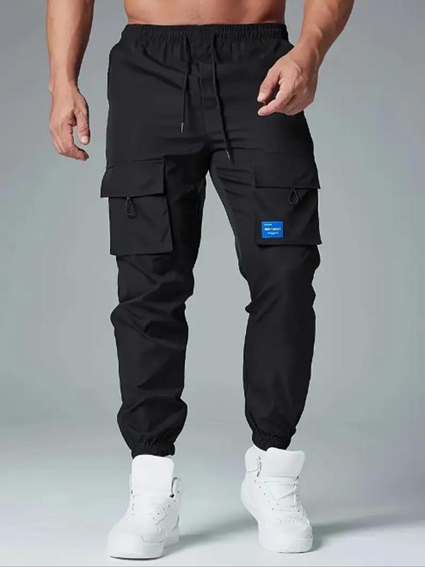 Men's Letter Patch Pocket Drawstring Waist Cargo Pants, Regular Fit Casual Trousers for Spring & Fall, Men's Bottoms for Daily Wear