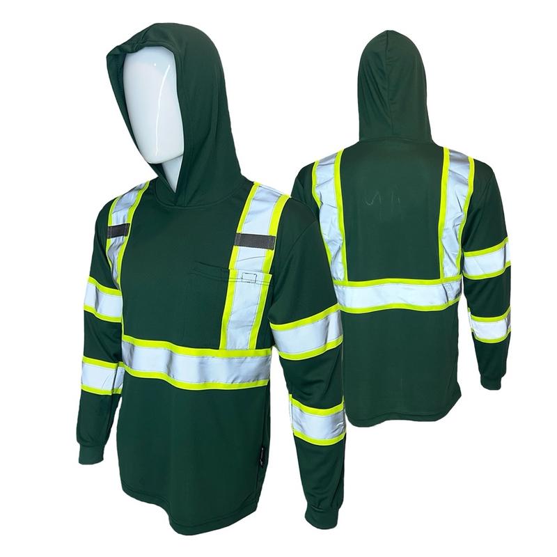 ST908 - Hunter Green - High Visibility Hoodie Long Sleeve Safety Shirt with hoodie Polyester Birdeye Mesh