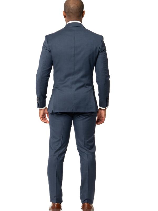 Slim Fit Navy Blue Double Breasted Men's 2 Button Suit Wide Peak Lapel Flat Front Pants AZARMAN