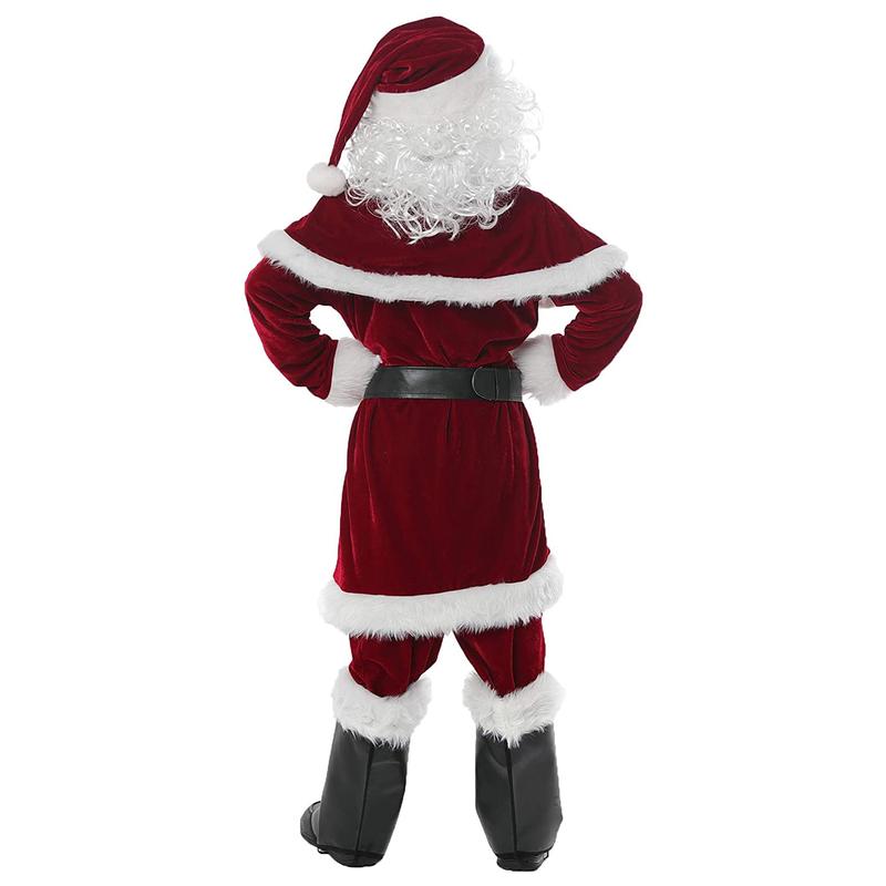 Santa Claus Costume Sets, Hat+Shawl+Top Shirt +Loose Pants+Shoes+Gloves+Waist Belt, Deluxe Velvet Adult Kids Santa Suit