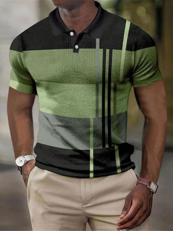 Men's Colorblock Textured Button Front Polo Shirt, Regular Fit Casual Short Sleeve Polo Collar Top, Men's Clothes for Daily Wear, Summer Outfits 2024