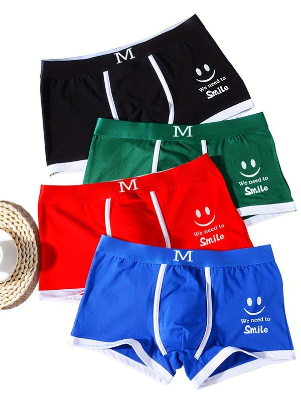 Men's Cartoon Face & Letter Print Boxer Briefs, Casual Contrast Binding Tag-free Boxer Briefs,  Underwear for Men, Men's Underwear, Plz Purchase A Size Up