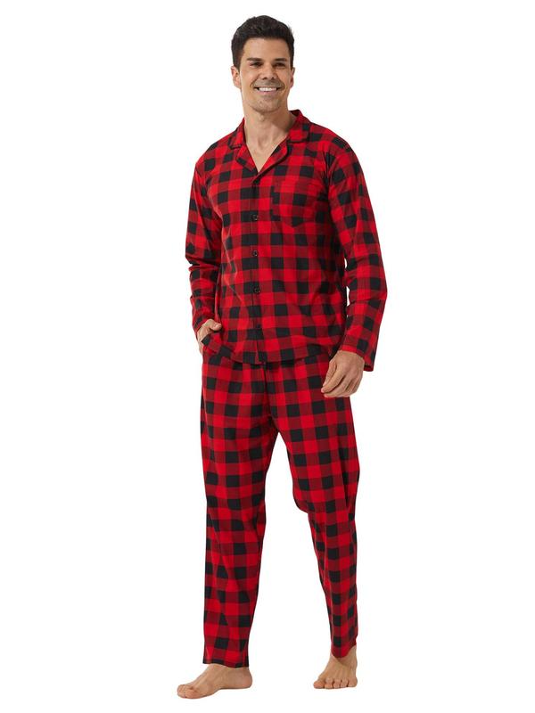 Men's Plaid Print Button Front Pocket Lapel Shirt & Elastic Waist Pants Loungewear Two-piece Set, Regular Fit Casual Comfy Long Sleeve Top & Trousers Pj Set, Men's Sleepwear for Spring & Fall