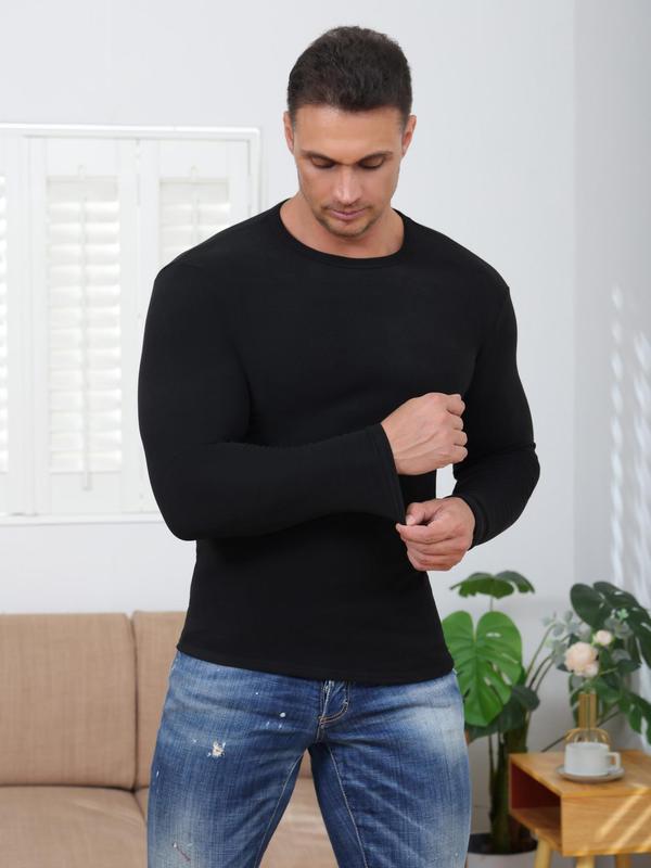 Men's Long Sleeve Round Neck Sports Thermal Underwear Top, Casual Comfy Breathable Warm Top for Fall & Winter, Men's Sportswear for Indoor Outdoor Wear