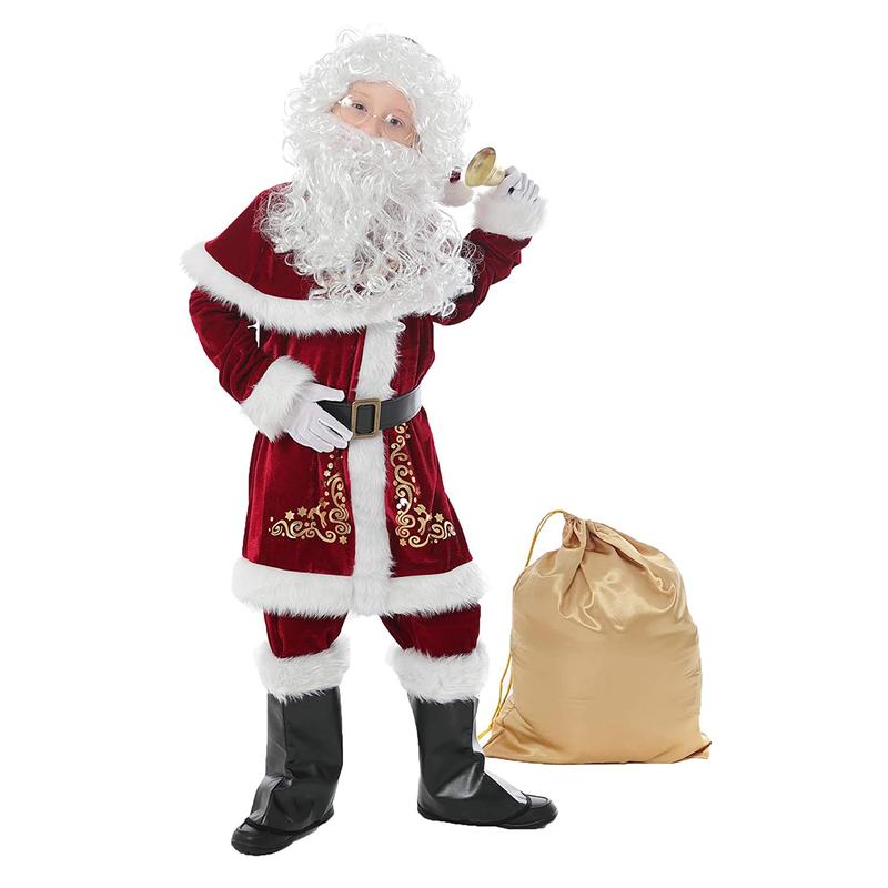 Santa Claus Costume Sets, Hat+Shawl+Top Shirt +Loose Pants+Shoes+Gloves+Waist Belt, Deluxe Velvet Adult Kids Santa Suit