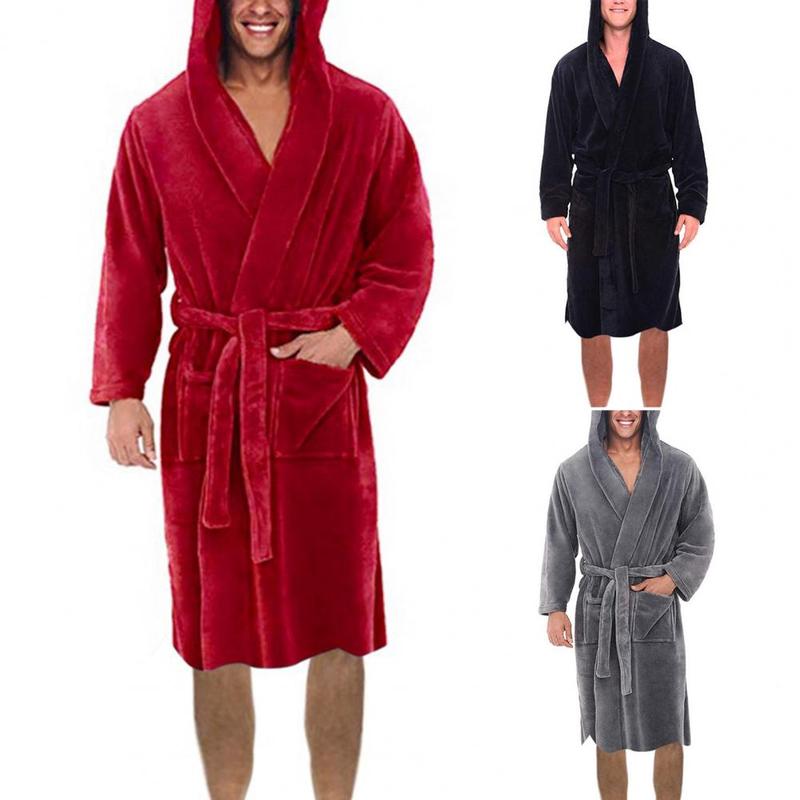 Men Soft Coral Fleece Nightgown Plus Size Men Flannel Robe Sleepwear Thick Warm Long Bathrobe Nightgown Fleece Long Bath Robe