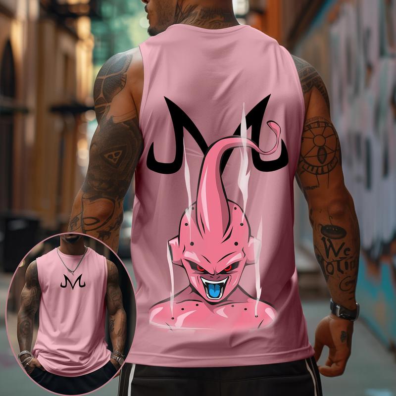 Casual Animation Design Print Tank Top,  Dragon Ball Anime Majin Buu Printed Tank Top, Manga Tank Top For Men, Best Anime Shirts, Gift For Anime Lovers, Anime Printed T-shirt, DB Gift For Fans, Gift For Him, Gift For Her