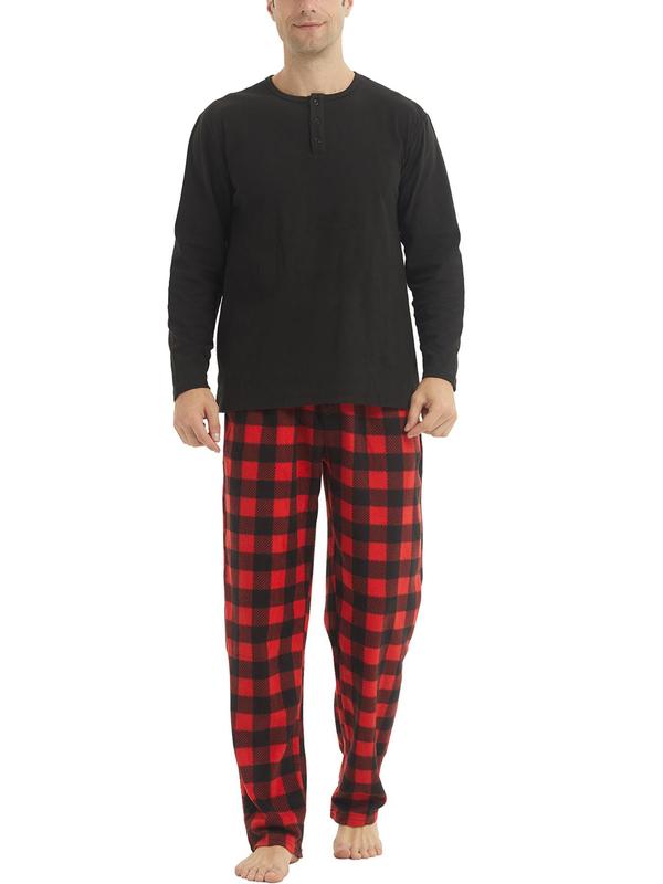 Men's Christmas Long Sleeve Henley Shirt & Plaid Print Pocket Pants Loungewear Set, Casual Comfy Regular Fit Round Neck Top & Drawstring Trousers Pj Set for Spring & Fall, Women's Polar Fleece Sleepwear