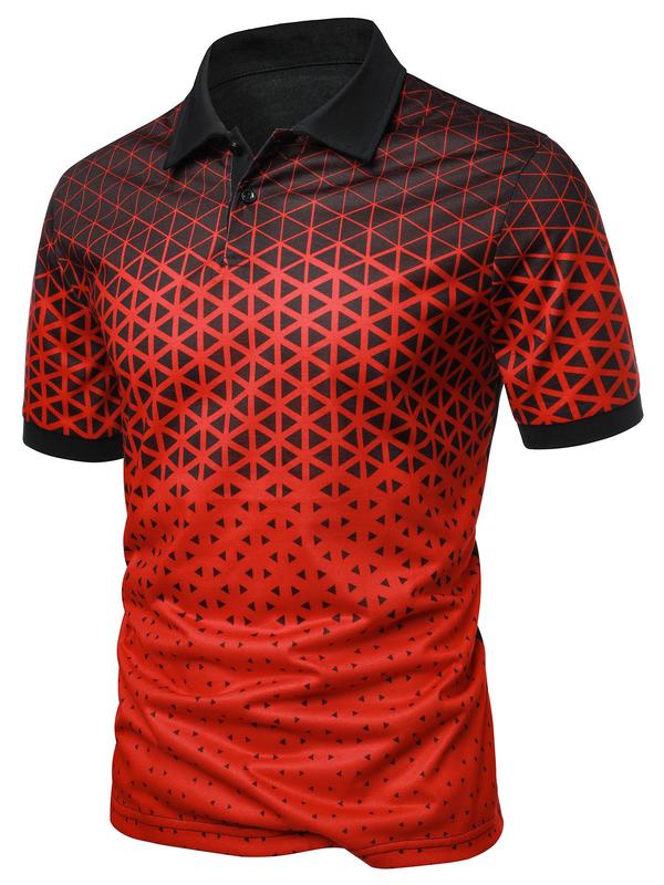 Men's Regular Fit Ombre Geometric Print Short Sleeve Polo Shirt, Casual Graphic Button Front Half Placket Collared Top for Summer, Polo Tees, Back-to-School Clothing, Streetwear, Polo Shirts Men, Menswear