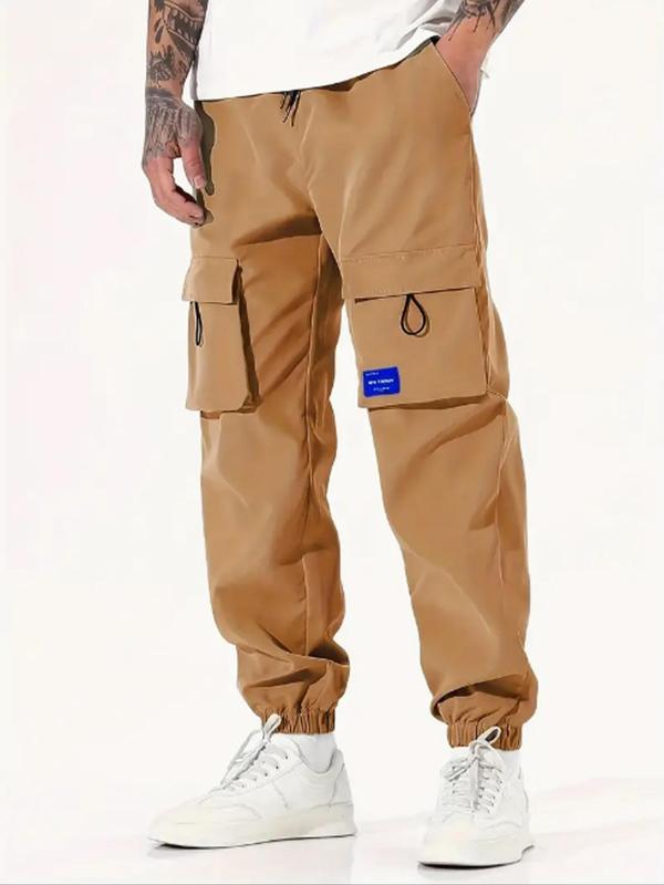 Men's Letter Patch Pocket Drawstring Waist Cargo Pants, Regular Fit Casual Trousers for Spring & Fall, Men's Bottoms for Daily Wear