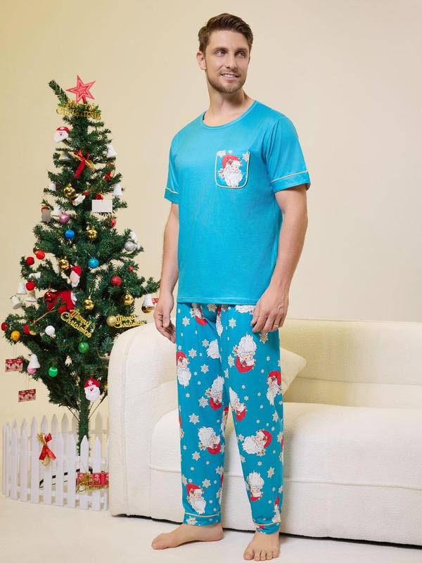 Two-Piece Set Men's Christmas Themed Print Short Sleeve Tee & Elastic Waist Pants Pyjama, Casual Comfy Round Neck T-shirt & Trousers PJ Set, Men's Sleepwear for All Seasons