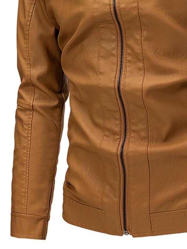 Men's Solid Zip Up Pocket PU Jacket, Fall Outfits, Fallfreshness Sporty Long Sleeve Stand Collar Outerwear for Spring & Fall, Sports Outerwear, Fashion Men's Sportswear for Daily Wear, Zip Up Jackets for Men Riding Jacket